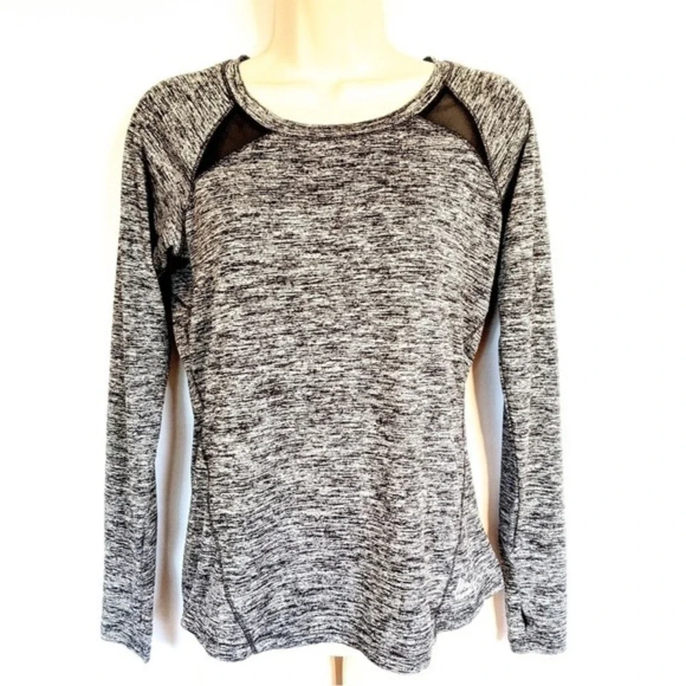 RBX Active Womens Space Dye Long Sleeve Workout Top Grey Black Mesh Thumbholes S